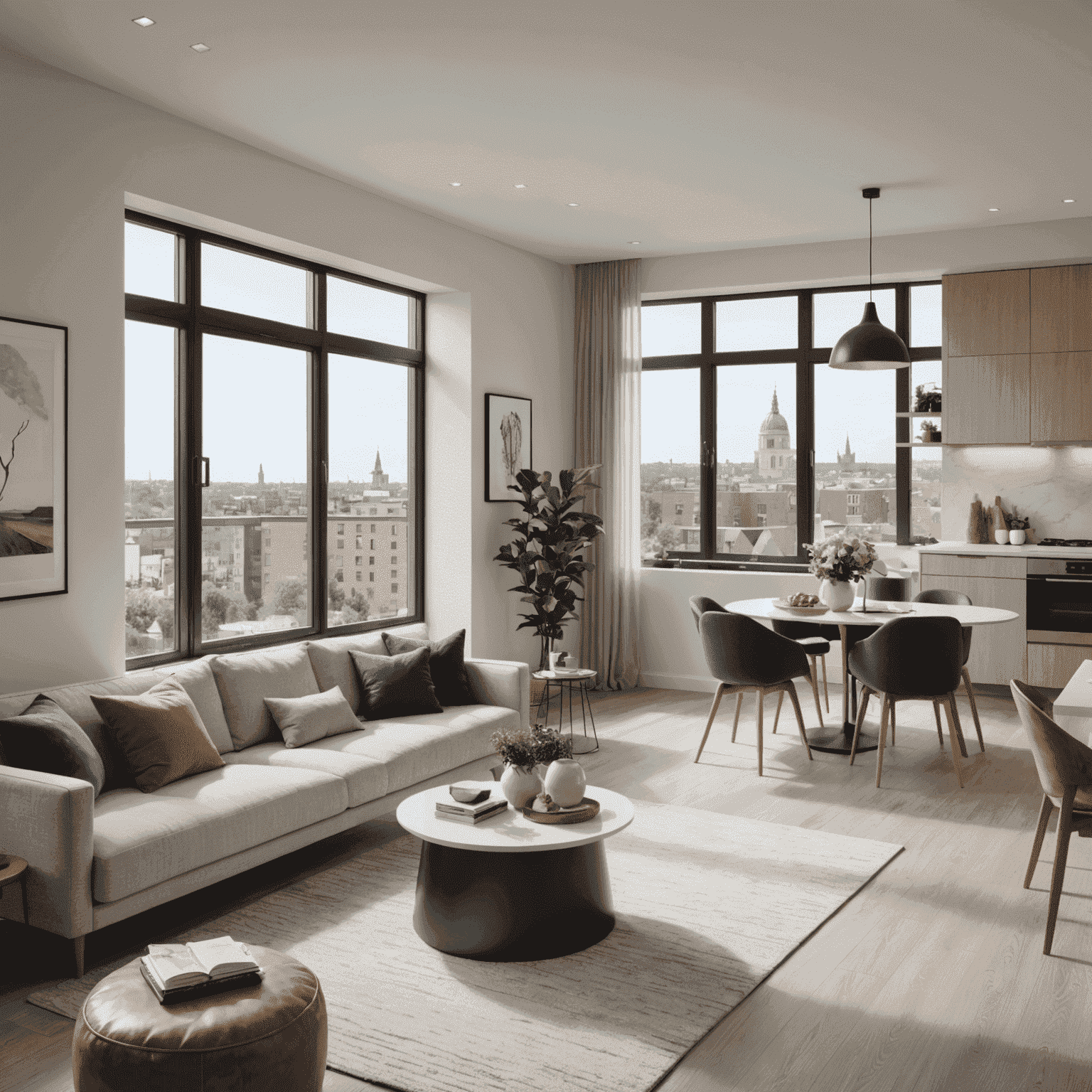 Modern apartment interior with open plan living area, large windows, and contemporary furniture, showcasing Alliant Real Estate's commitment to stylish and comfortable living spaces