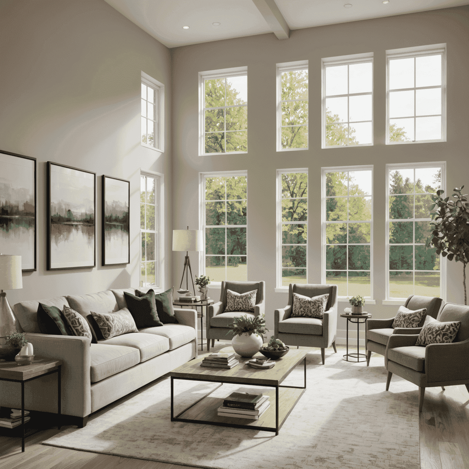 A modern living room with large windows, showcasing a bright and spacious interior of a newly purchased home. The room features contemporary furniture and decor, emphasizing the rewards of successful home buying.