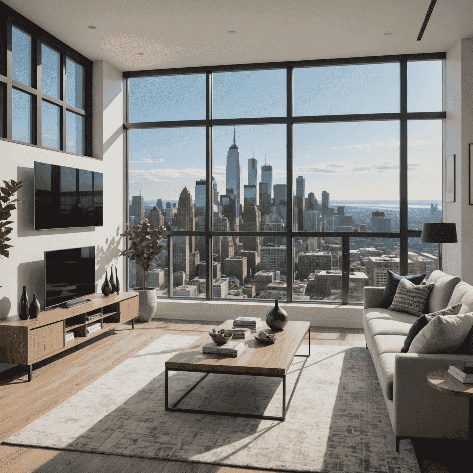 A modern, spacious living room with large windows overlooking a city skyline, showcasing the type of high-end residential properties offered by Alliant Real Estate