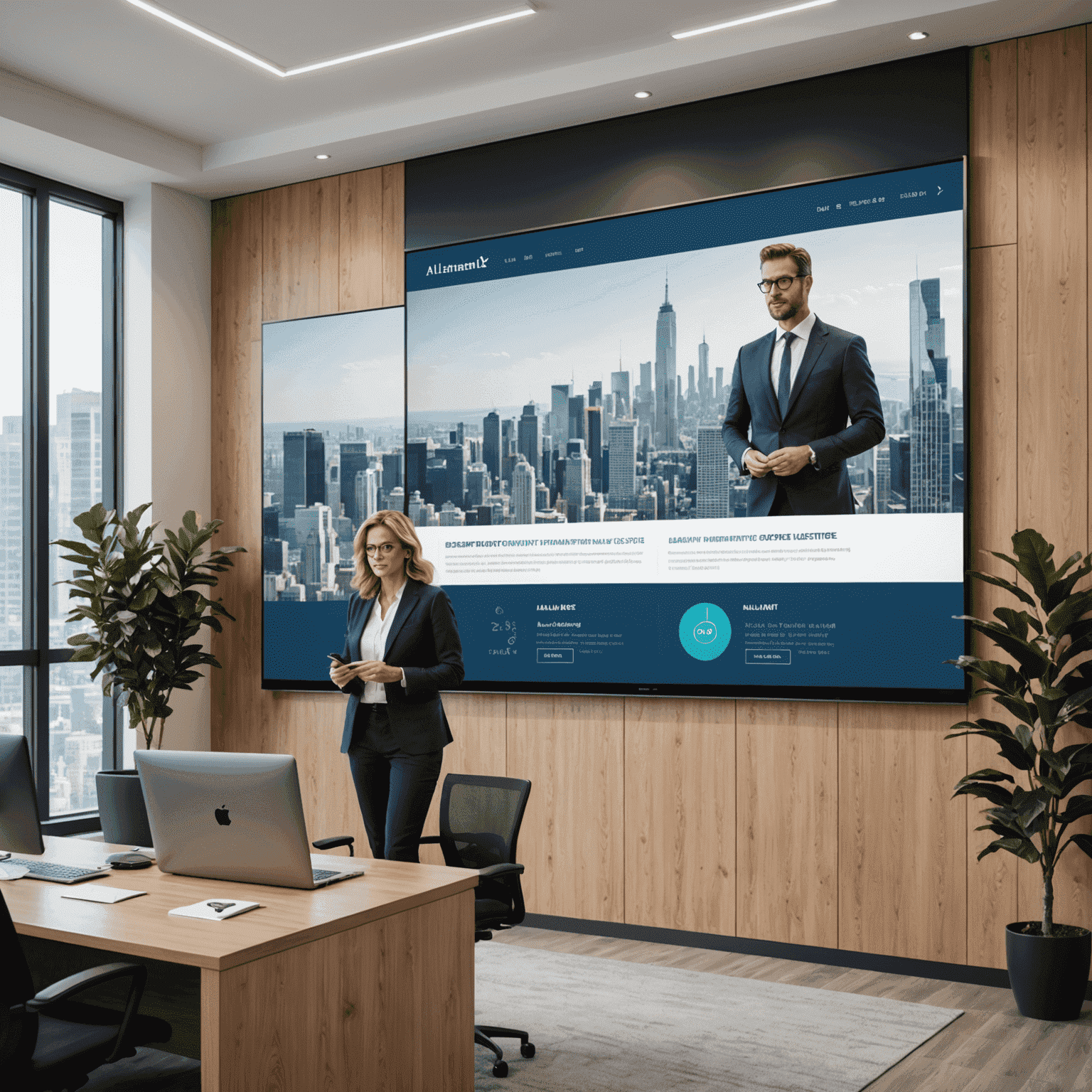 Professional real estate consultant analyzing market trends and investment opportunities on a large screen, surrounded by modern office decor with Alliant Real Estate branding