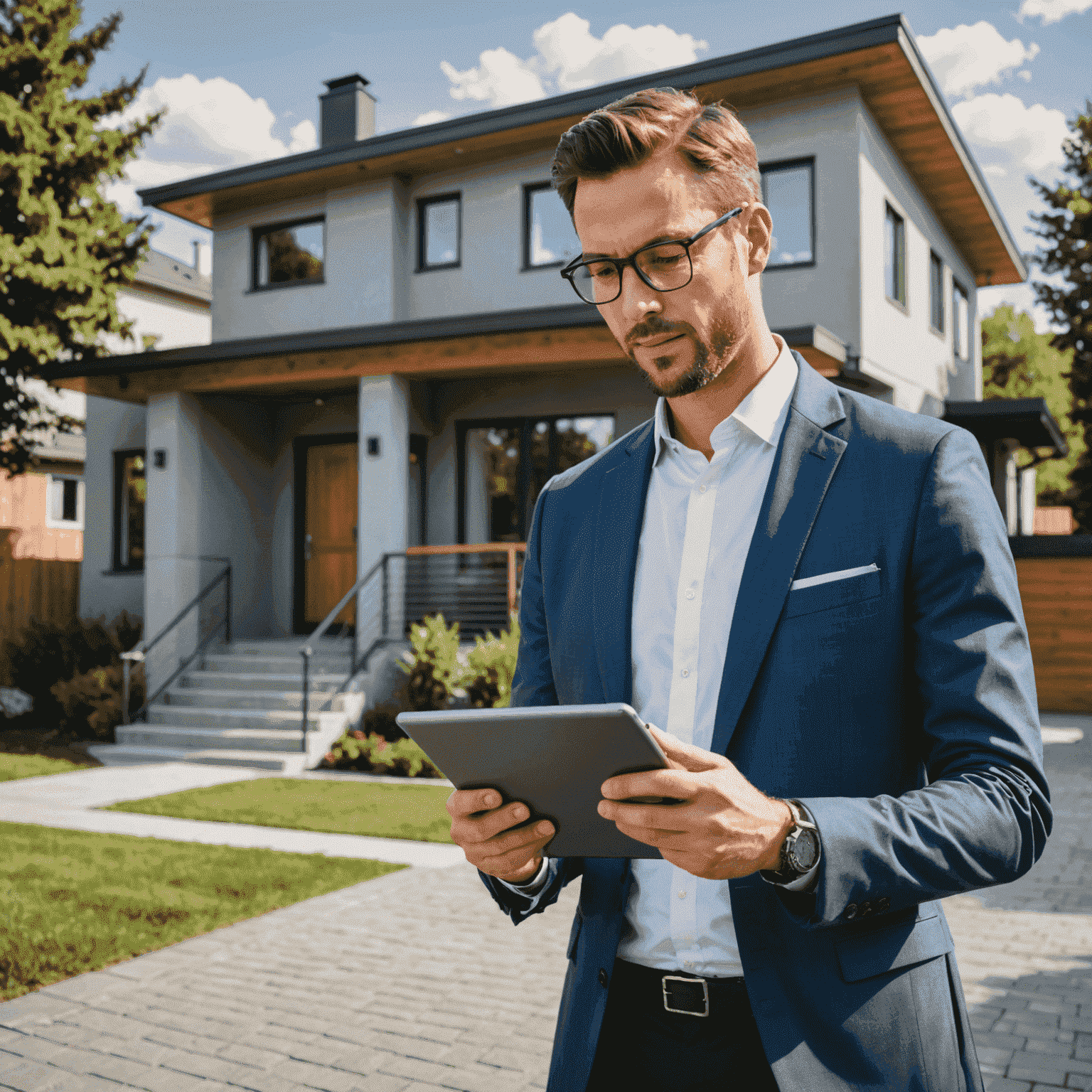 Professional real estate agent analyzing property data on a tablet, standing in front of a modern home. The image showcases the technological approach to home valuation.