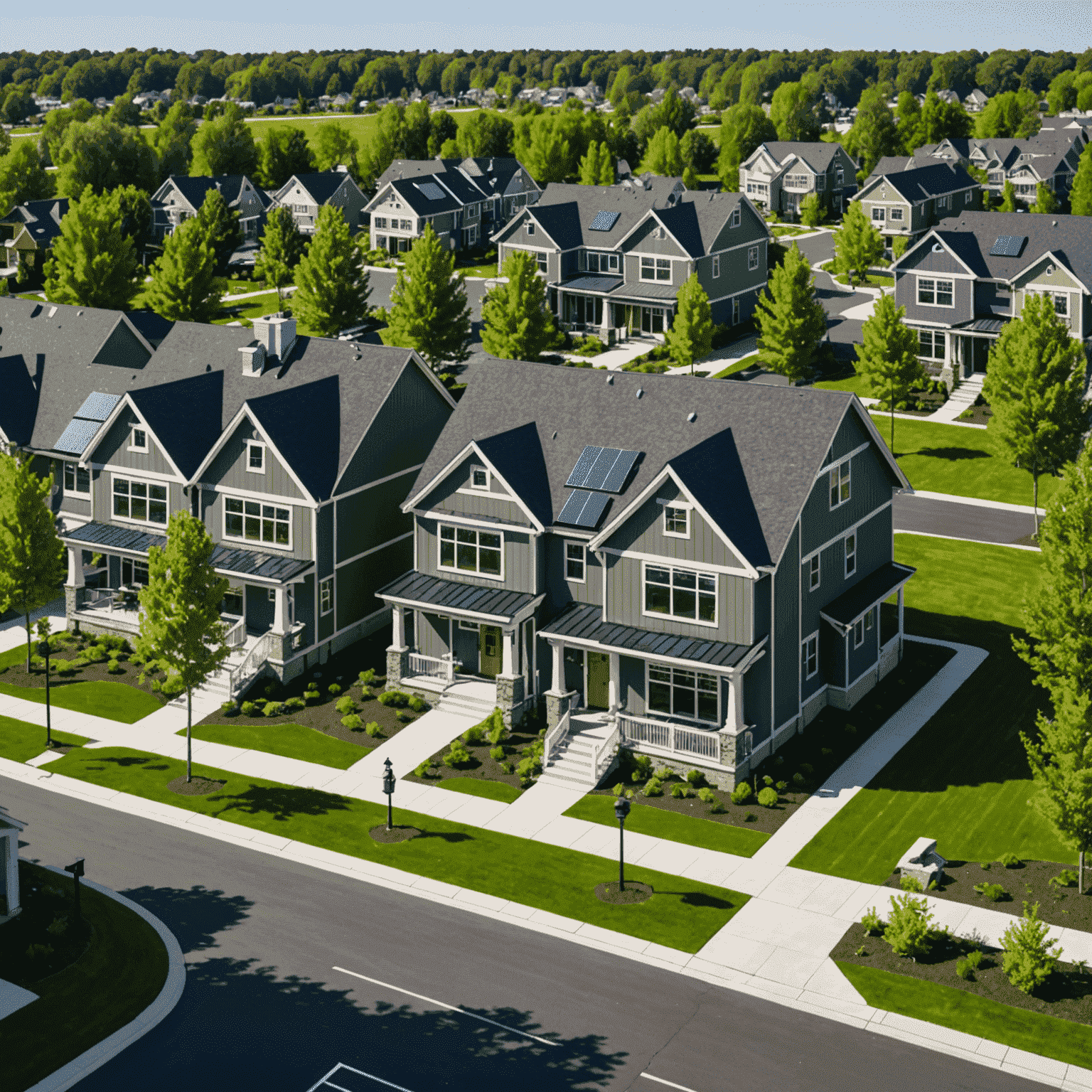 A sustainable suburban community with modern townhouses and single-family homes. The area features abundant green spaces, walking trails, and a central community center with solar panels.