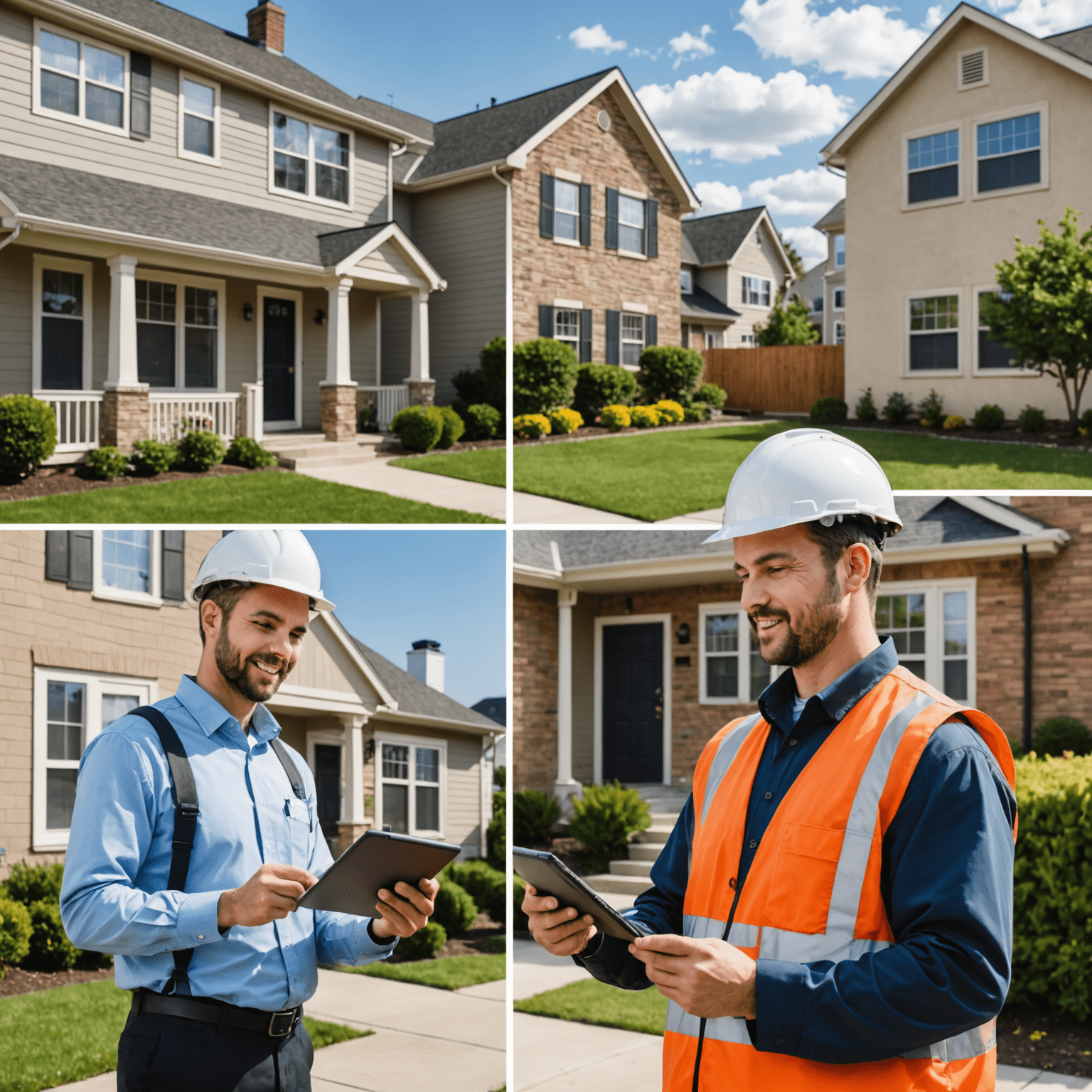 A collage of property management activities: key handover, maintenance worker, and a digital property inspection app