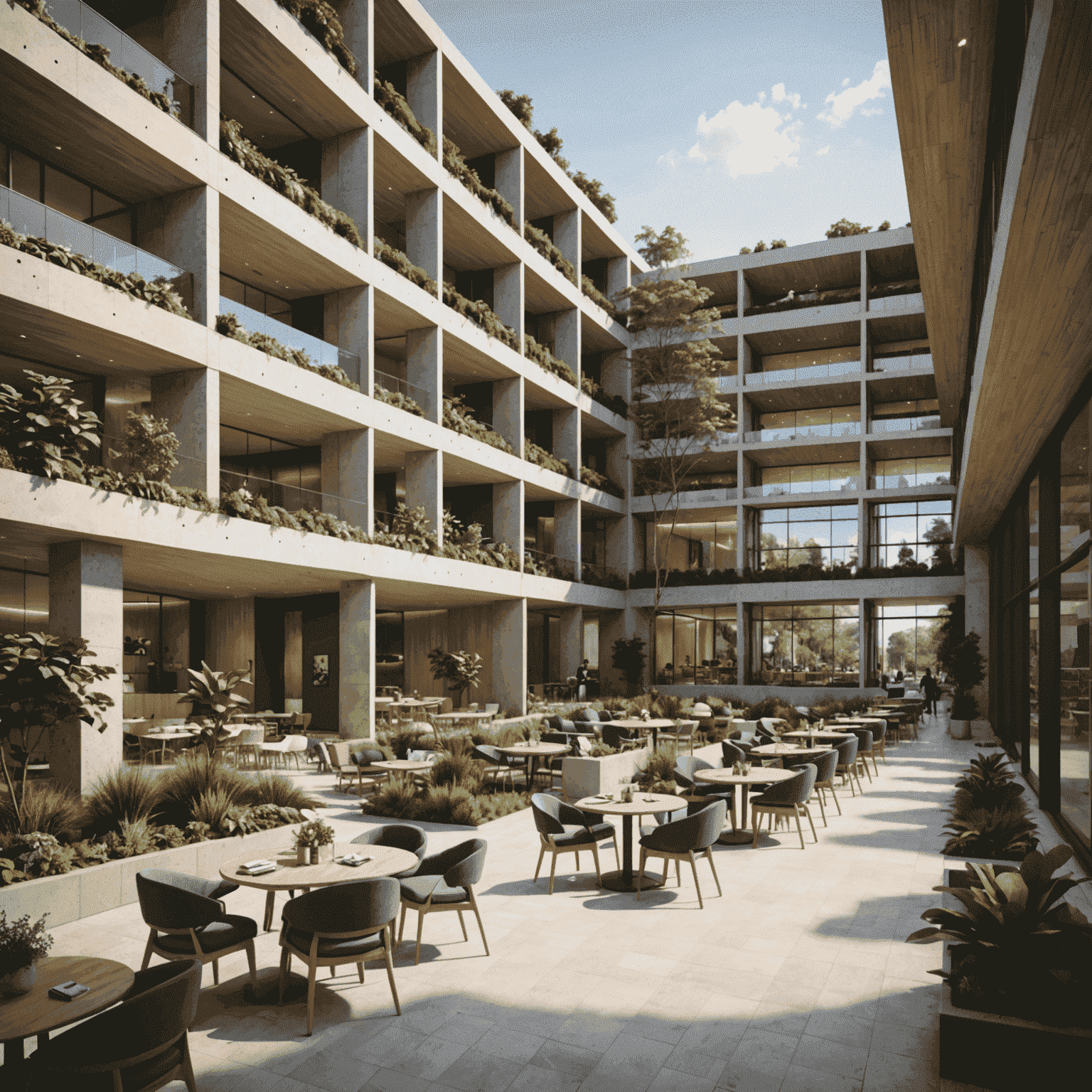 A modern commercial complex with a unique architectural design, featuring open collaborative spaces, green terraces, and a central atrium filled with natural light.