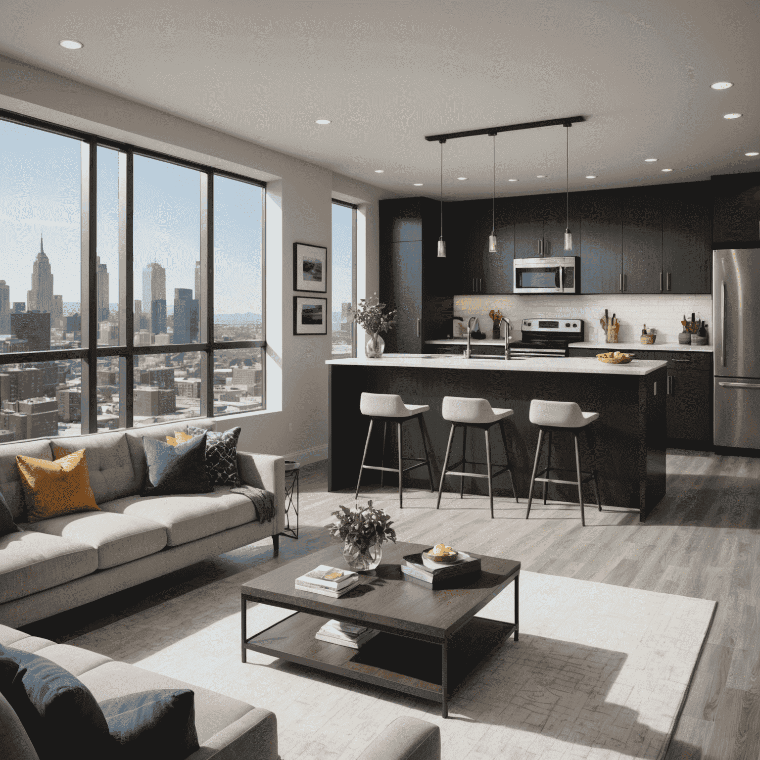 A sleek, modern apartment interior with an open floor plan and city views, showcasing urban living options available through Alliant Real Estate