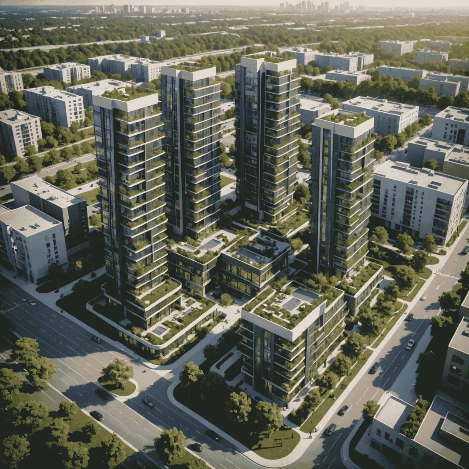 Architectural rendering of a modern mixed-use development with residential towers and commercial spaces, surrounded by green areas