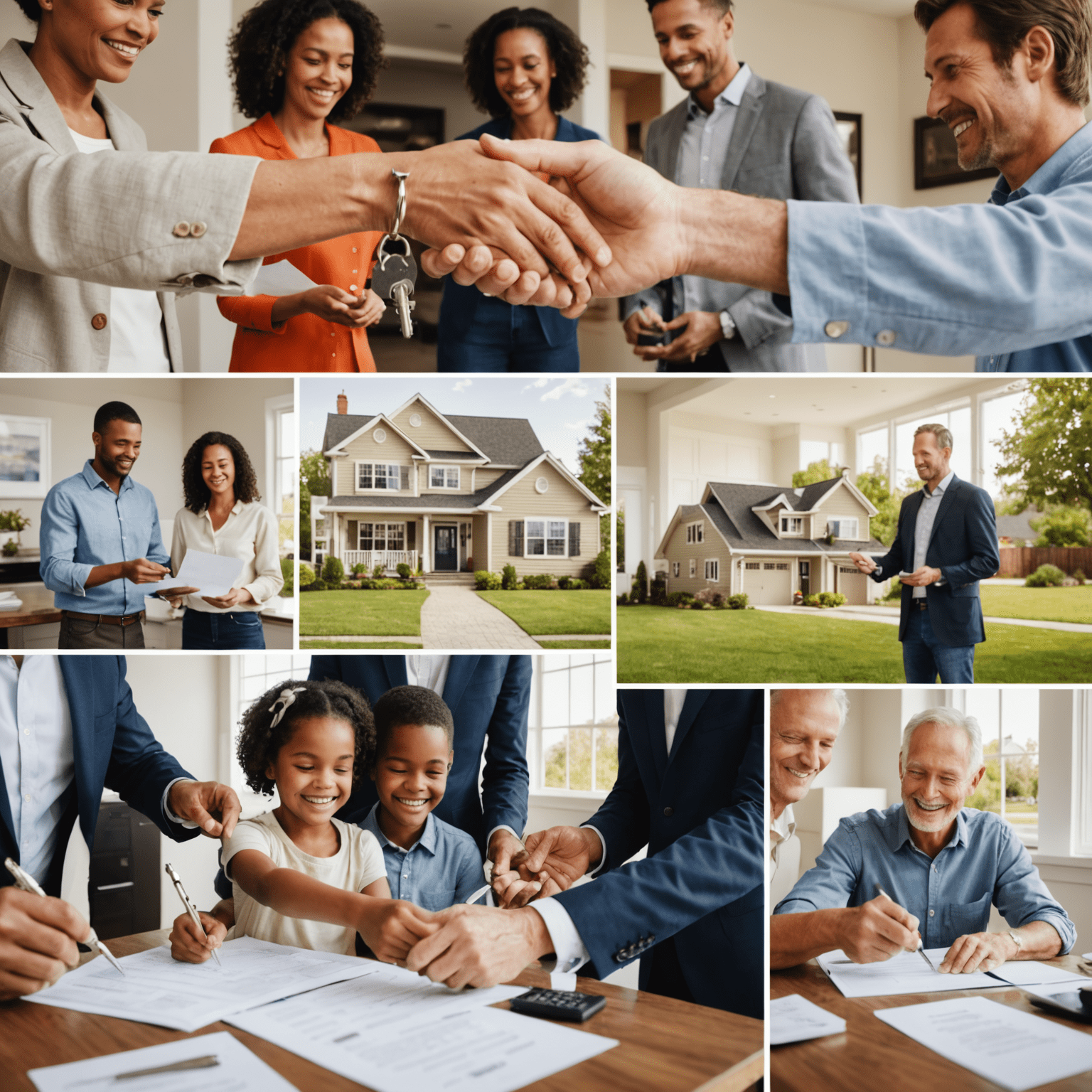 Collage of images showing a happy family receiving house keys, a 'Sold' sign, and a hand shaking over property documents