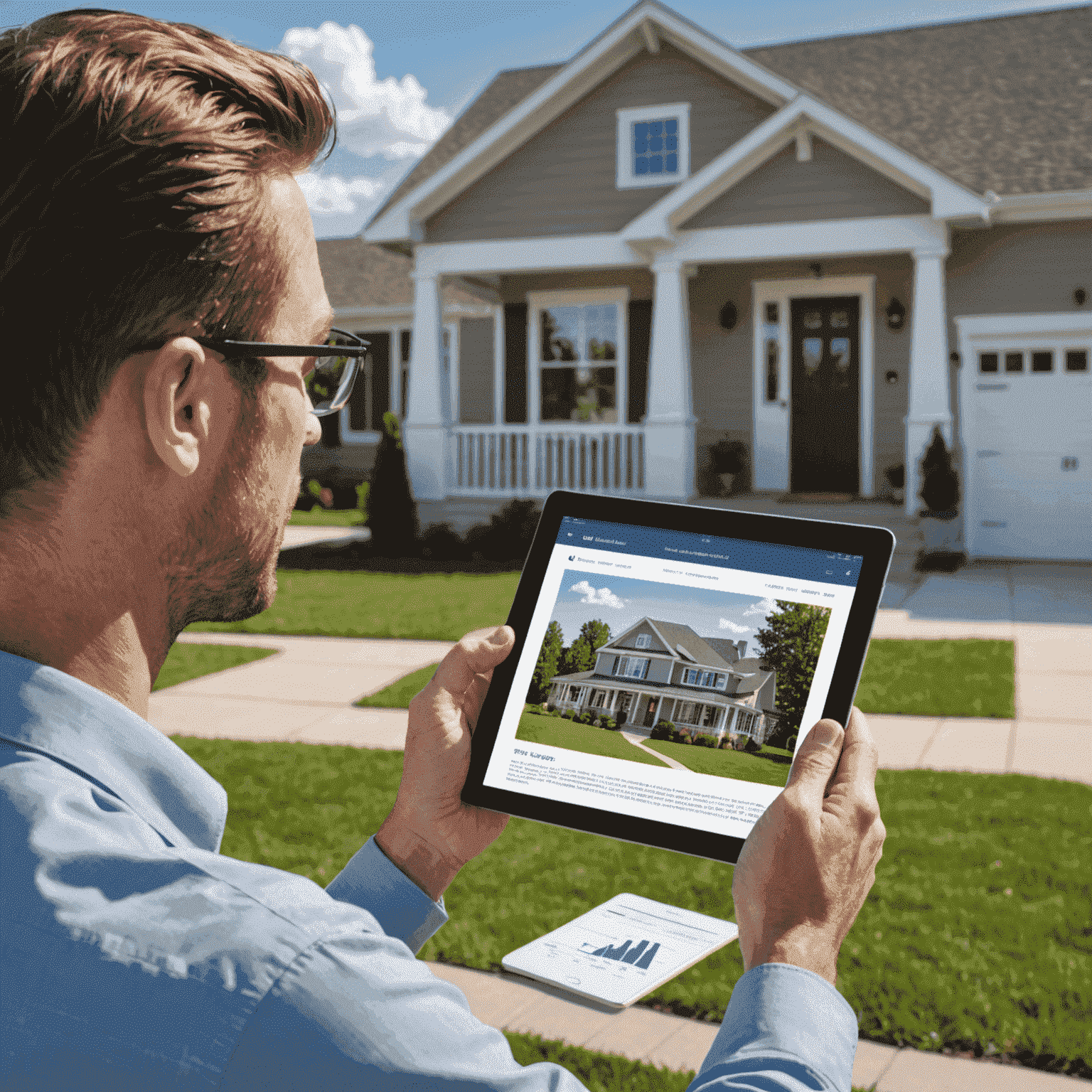 An Alliant real estate agent using a tablet to perform a home valuation, with a 3D model of a house floating above the device